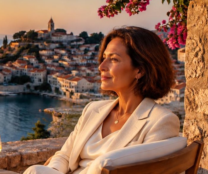 Mulher morena e madura, em traje de linho claro, contemplando a vila à beira-mar ao entardecer